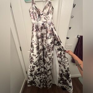 Windsor Luxury Prom Dress. White w/ Silver, Light Purple/Pink Flowers, Med Slit